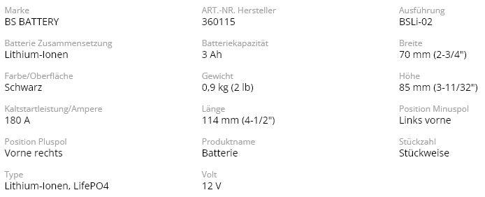 Lithium-Batterie BSLI BSLi-02 MAX 12V 3Ah (36Wh) 180A u.a. für KTM, HSQ,GasGas Enduro Modelle Lithium-Batterie BSLI BSLi-02 MAX 12V 3Ah (36Wh) 180A u.a. für KTM, HSQ,GasGas Enduro Modelle Batterien ZAP-Technix-Shop