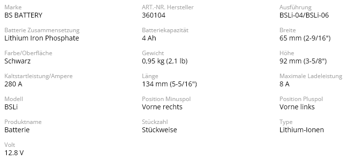 Lithium-Batterie BSLI BSLi-04 12V 4Ah (48Wh) 280A für Modelle ab 600ccm Lithium-Batterie BSLI BSLi-04 12V 4Ah (48Wh) 280A für Modelle ab 600ccm Batterien ZAP-Technix-Shop